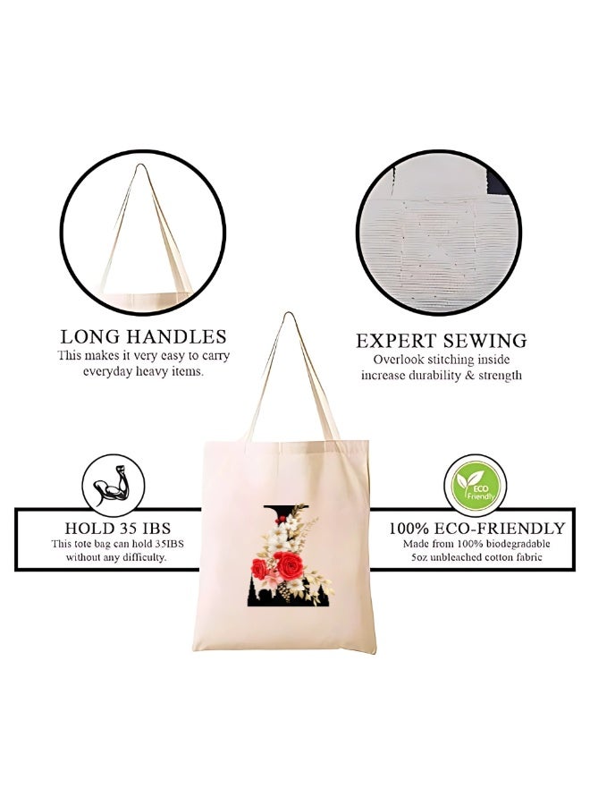 PRINTSHOP4ME Floral Initial Tote Bag A To Z – Cotton Canvas Reusable Tote With Alphabet Print For Grocery, Market And Daily Use - Image 3